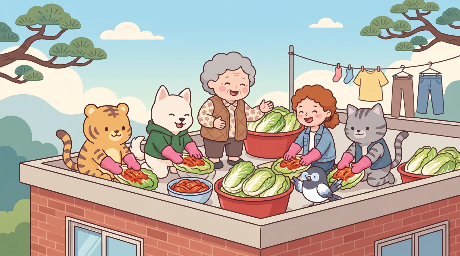 Kimjang day — a hundred heads of cabbage on the roof of Room 302's building.