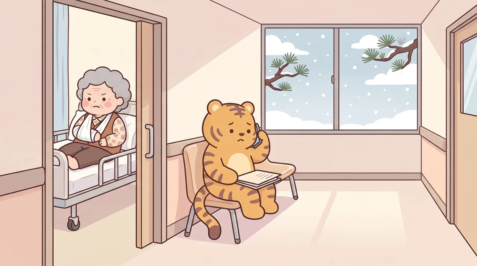 Tax papers in a hospital corridor. Grandma slipped on the ice; Hoya has a deadline and a phone call.