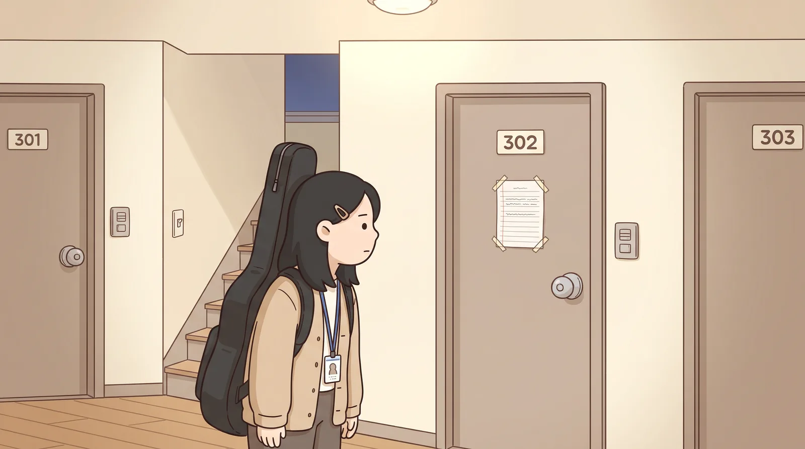 Friday evening, the hallway. sujin has just come up the stairs, guitar case on her back, lanyard still round her neck, shoulders low.