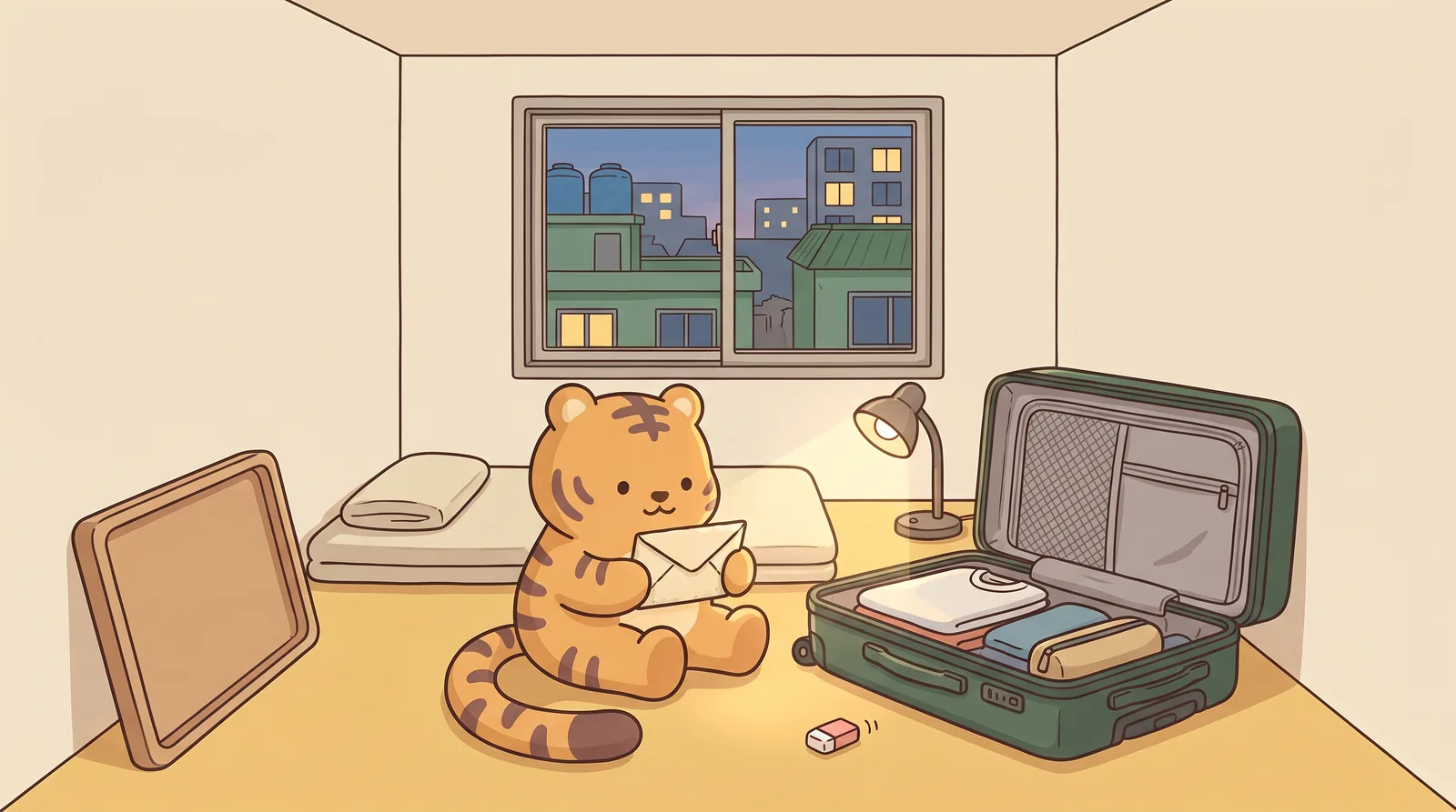 Morning, Room 302, warm-yellow vinyl floor. Hoya kneels on the floor over the open wallet, holding the single yellow-orange 50,000-won note up to the window light with both paws.