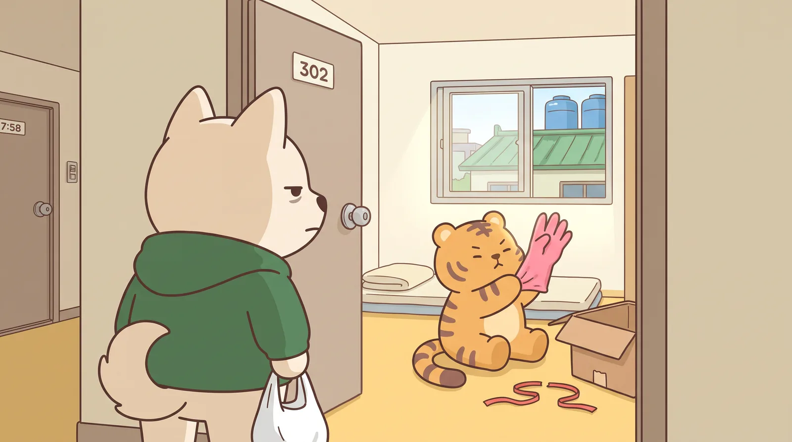 7:58 in the morning, the third-floor hallway. Bori, just home from the night shift, green hoodie, a convenience-store plastic bag in one hand, has stopped at the half-open door of 302.