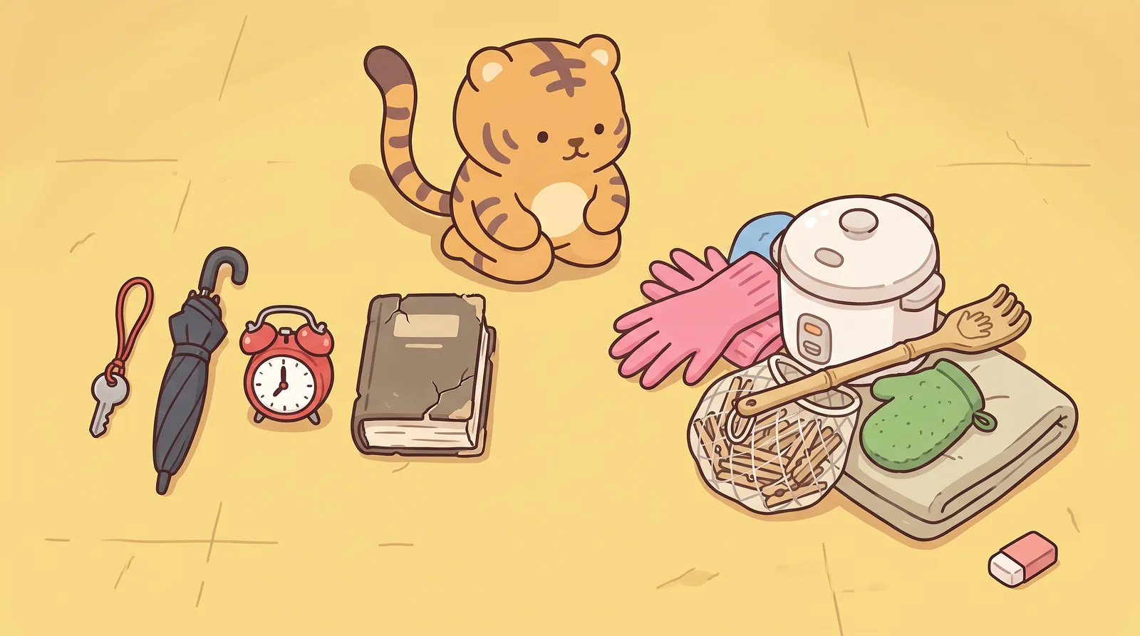 Top-down view of the yellow vinyl floor. The objects laid out in two groups.