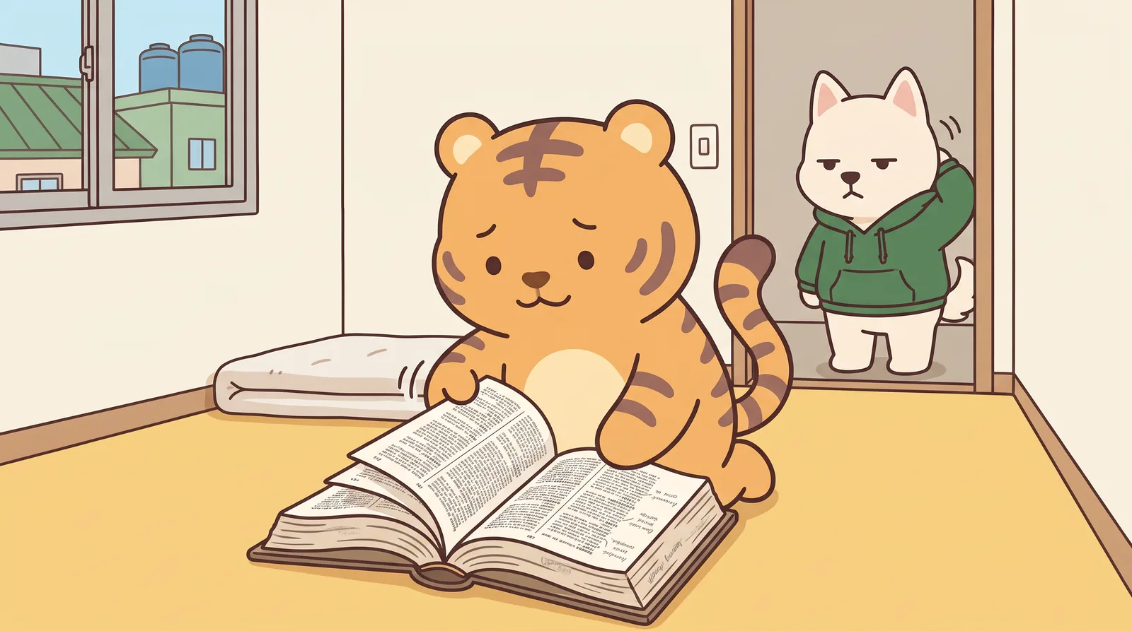 Hoya hunches over the thick dictionary open on his knees, flipping pages fast with one claw — dense tiny print, faded pencil notes in the margins (all unreadable).