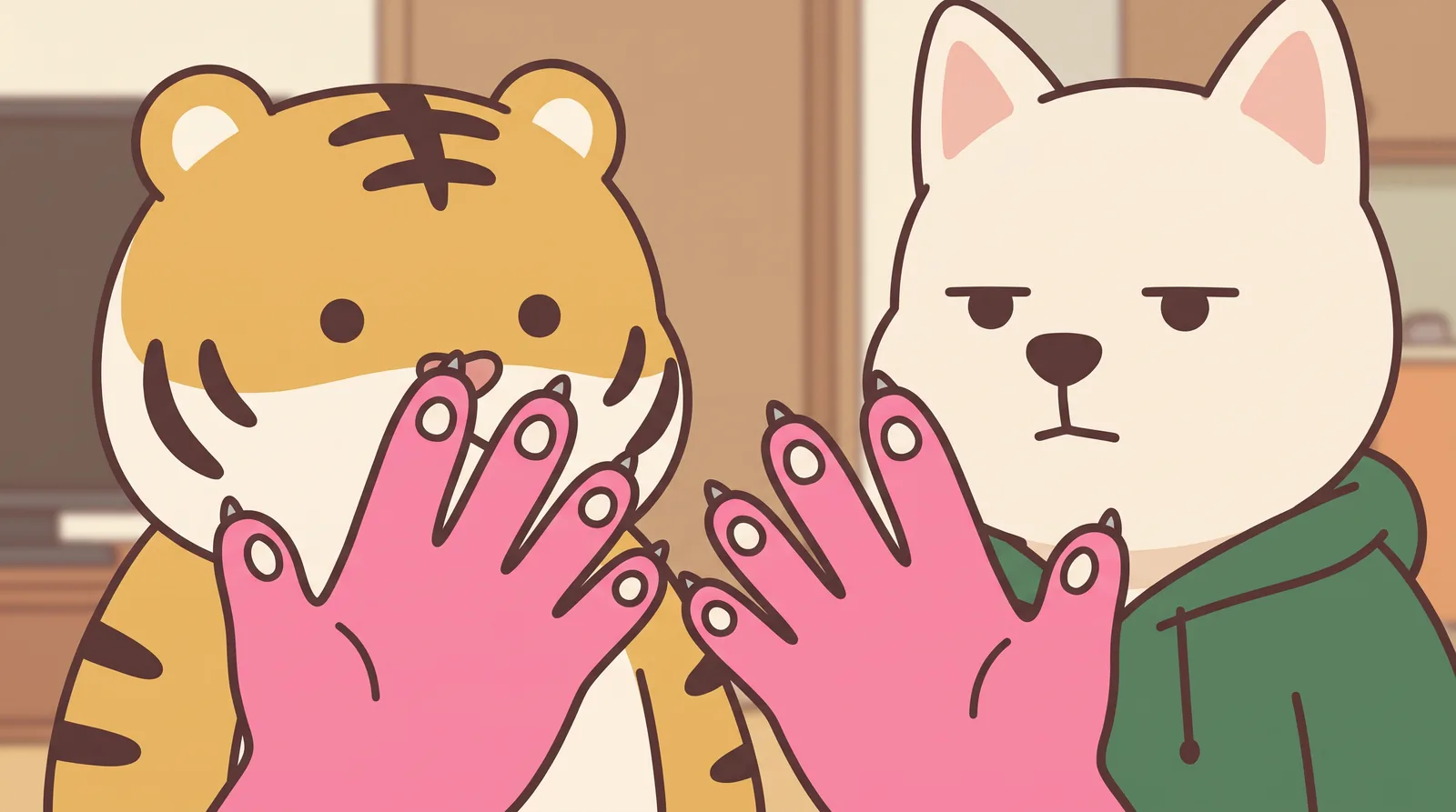 Close-up. Hoya holds up both paws wearing the pink rubber gloves.