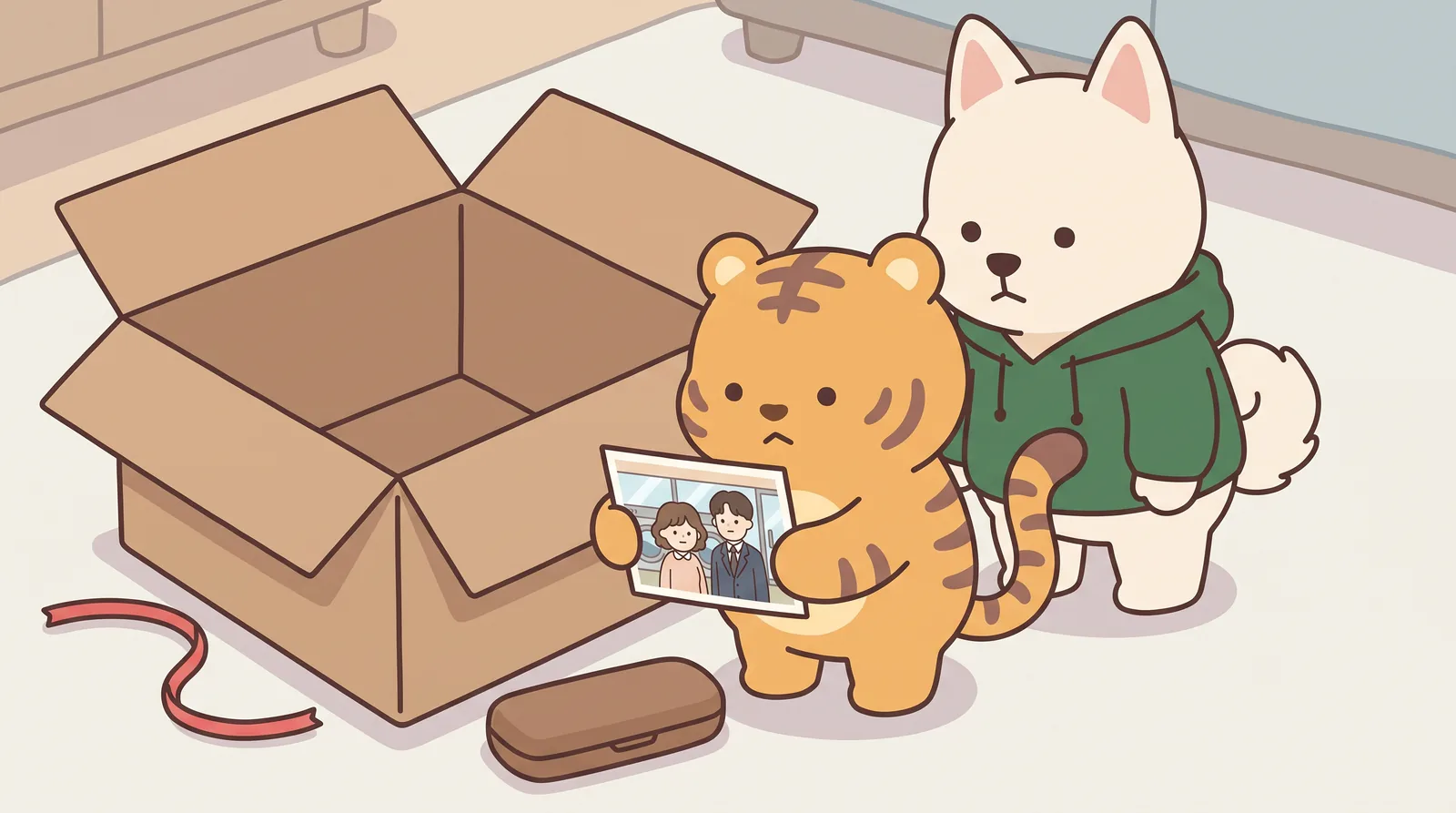 Hoya lifts the last cardboard flap at the bottom of the empty box. Under it — the brown glasses case and the photo.