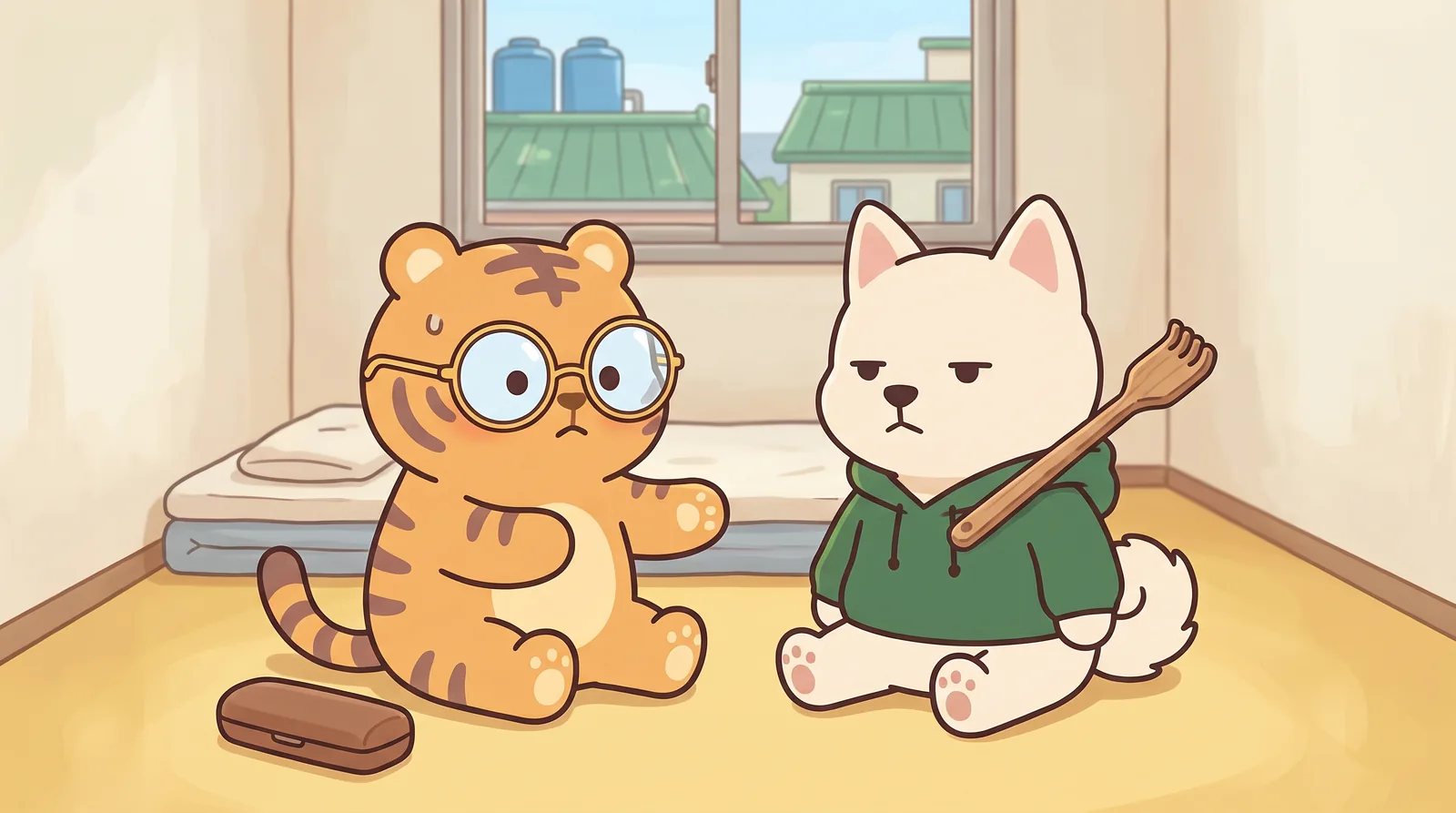 Hoya wears the gold-rimmed glasses. They make his eyes look enormous; the room behind him is drawn slightly blurred.