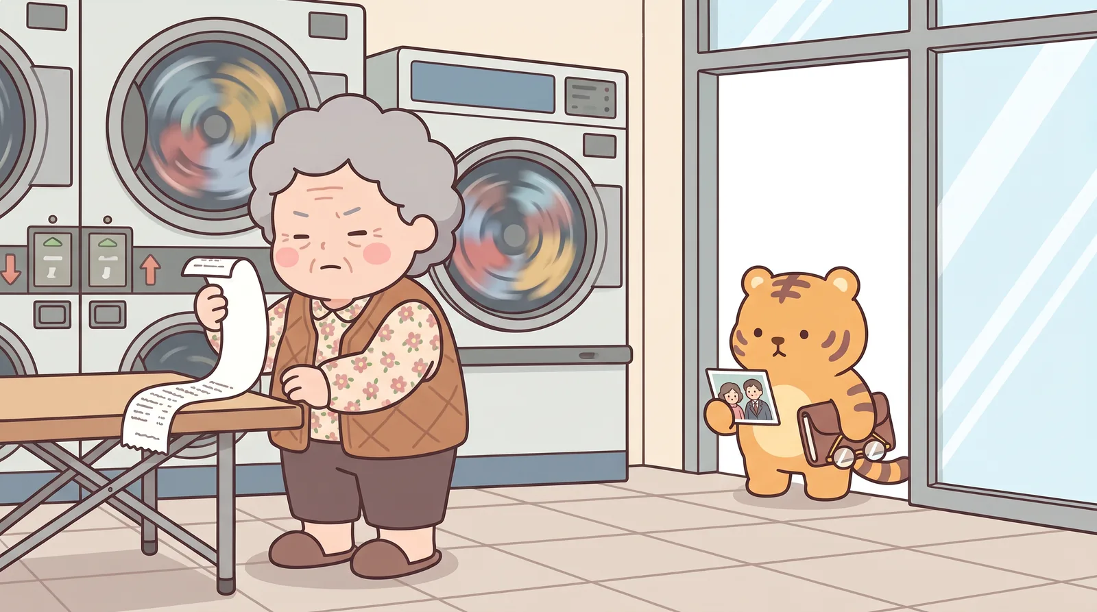 The laundromat. Soon-ja at the folding-table counter holding a receipt at full arm's length, squinting — floral blouse, brown quilted vest, slippers, no glasses yet.