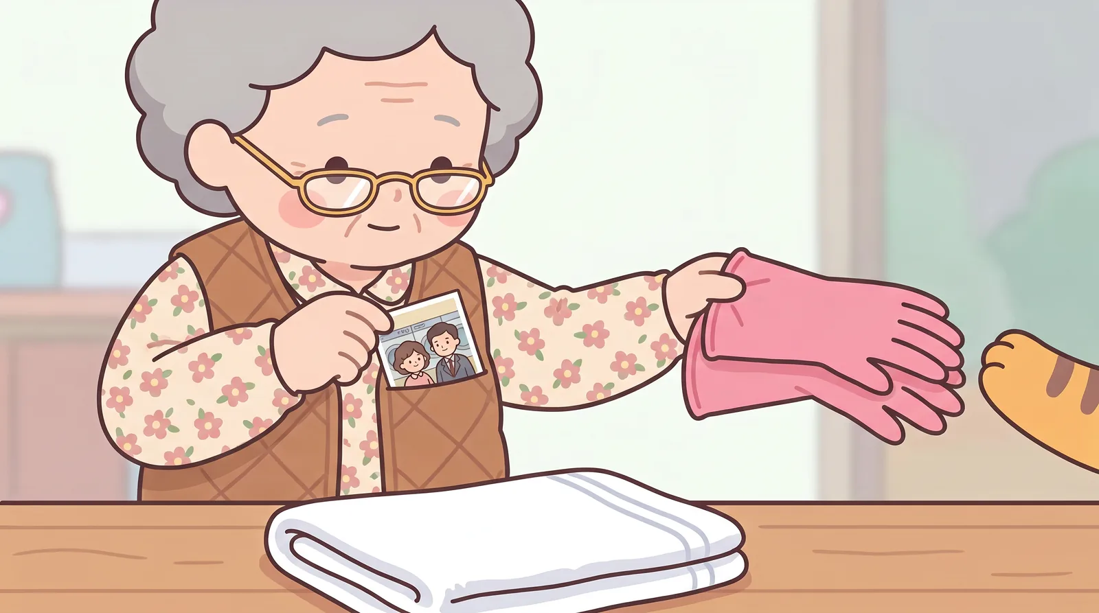 Close shot. Soon-ja, now wearing the gold-rimmed glasses, slides the photo face down into her vest pocket without looking at it; her eyes stay on the towel she is folding.