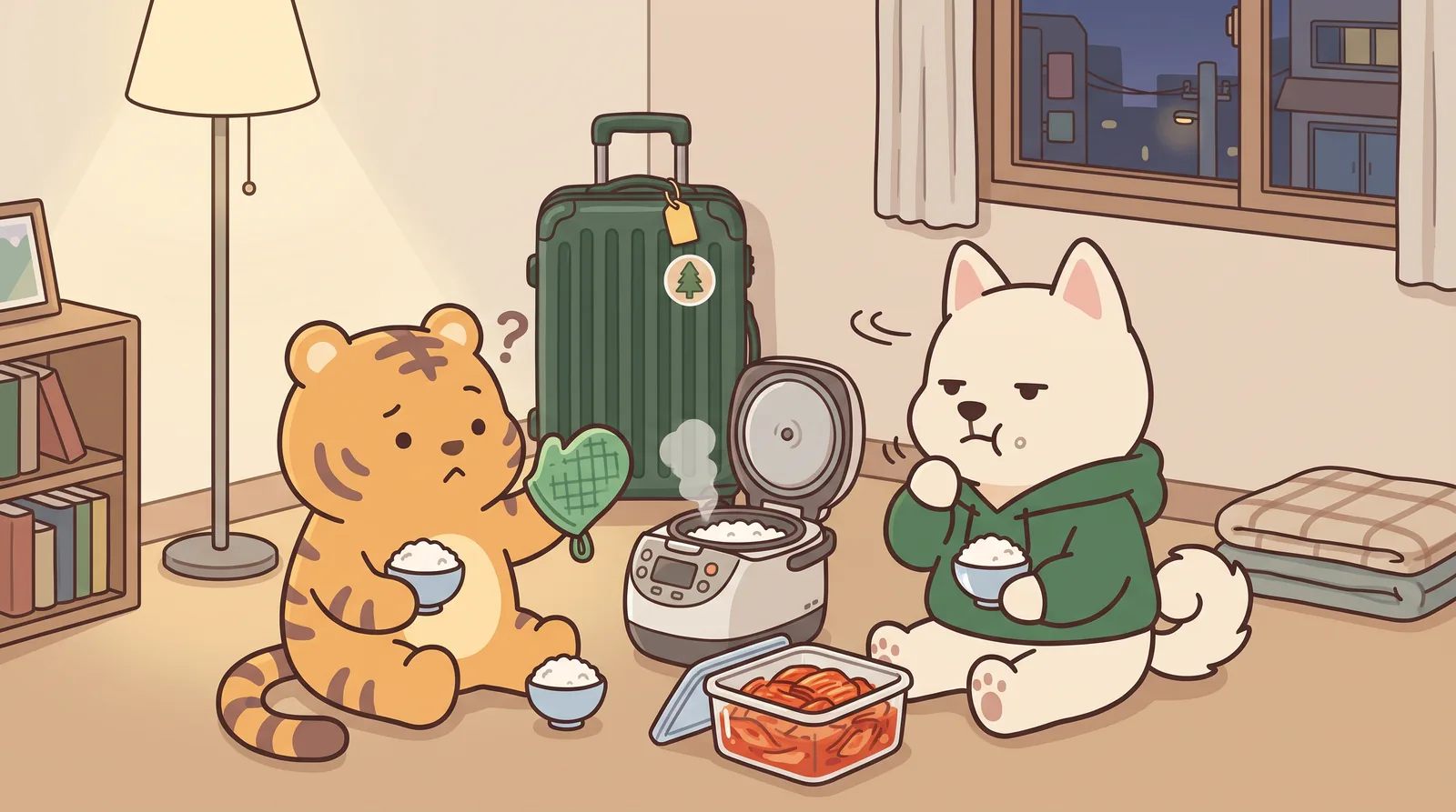 Evening, Room 302. Hoya and Bori sit on the floor either side of the rice cooker, lid open, steam rising; each holds a bowl of plain white rice; an opened pack of convenience-store kimchi between them.