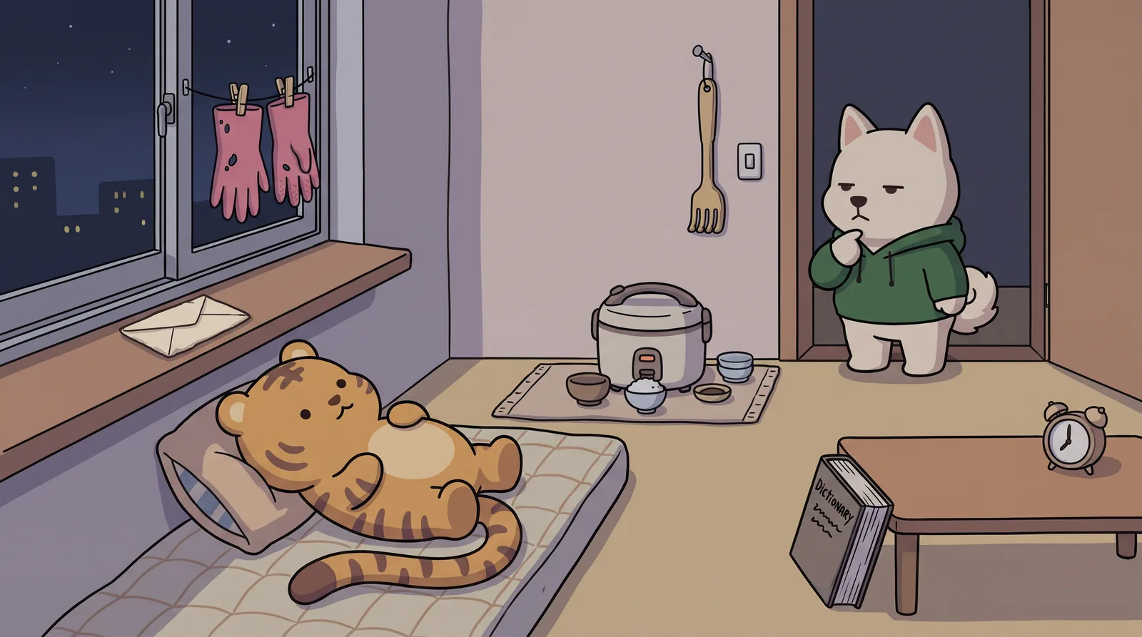 Night. The room is now arranged: rice cooker on the floor like a small shrine, back scratcher on a nail, holed pink gloves drying on the window latch, dictionary propping up the short leg of a low table, alarm clock on top.