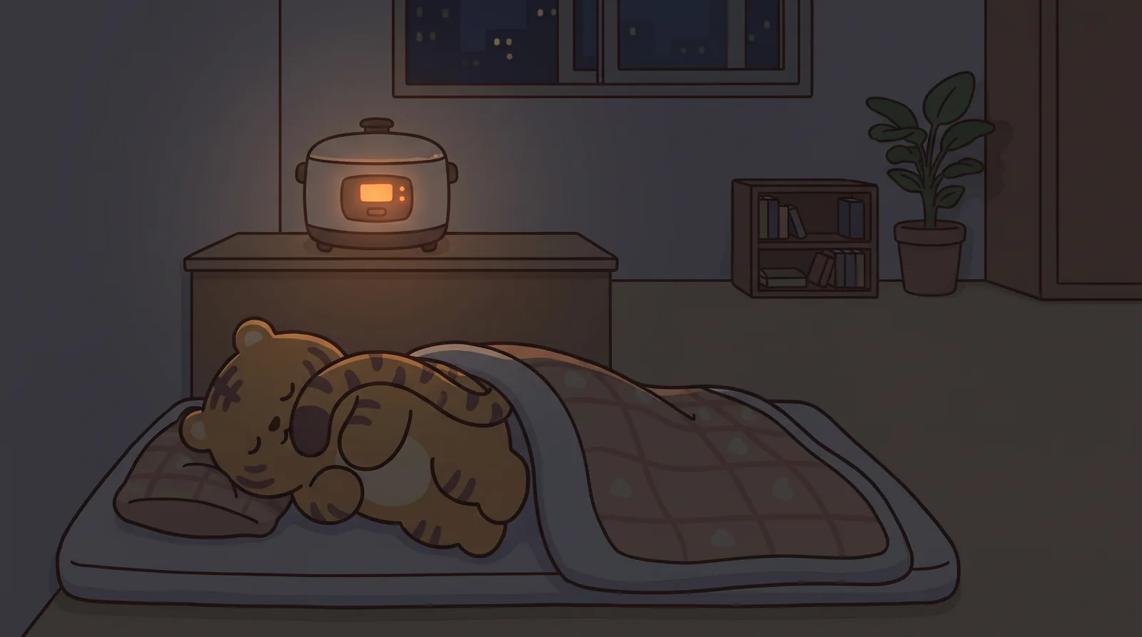 The dark room. Hoya asleep on the mattress, tail curled over his face.