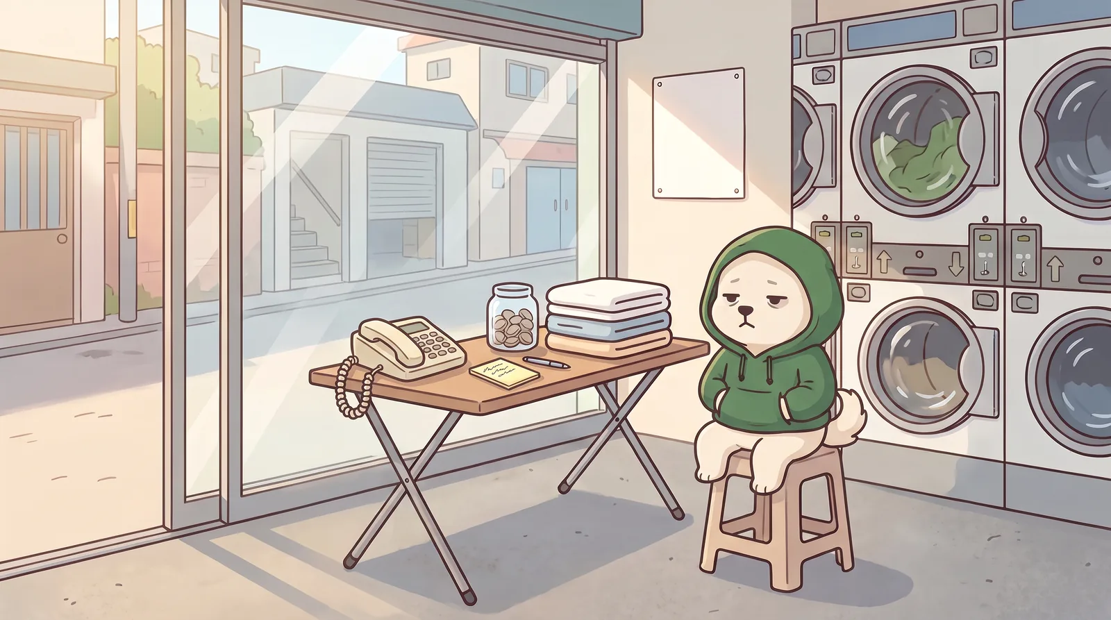 Weekday afternoon, inside the laundromat, wide shot from the glass front. Bori sits on the plastic chair by the dryers, hood up, hands in his hoodie pocket, half-closed eyes; one dryer turns behind him with green cloth tumbling inside.