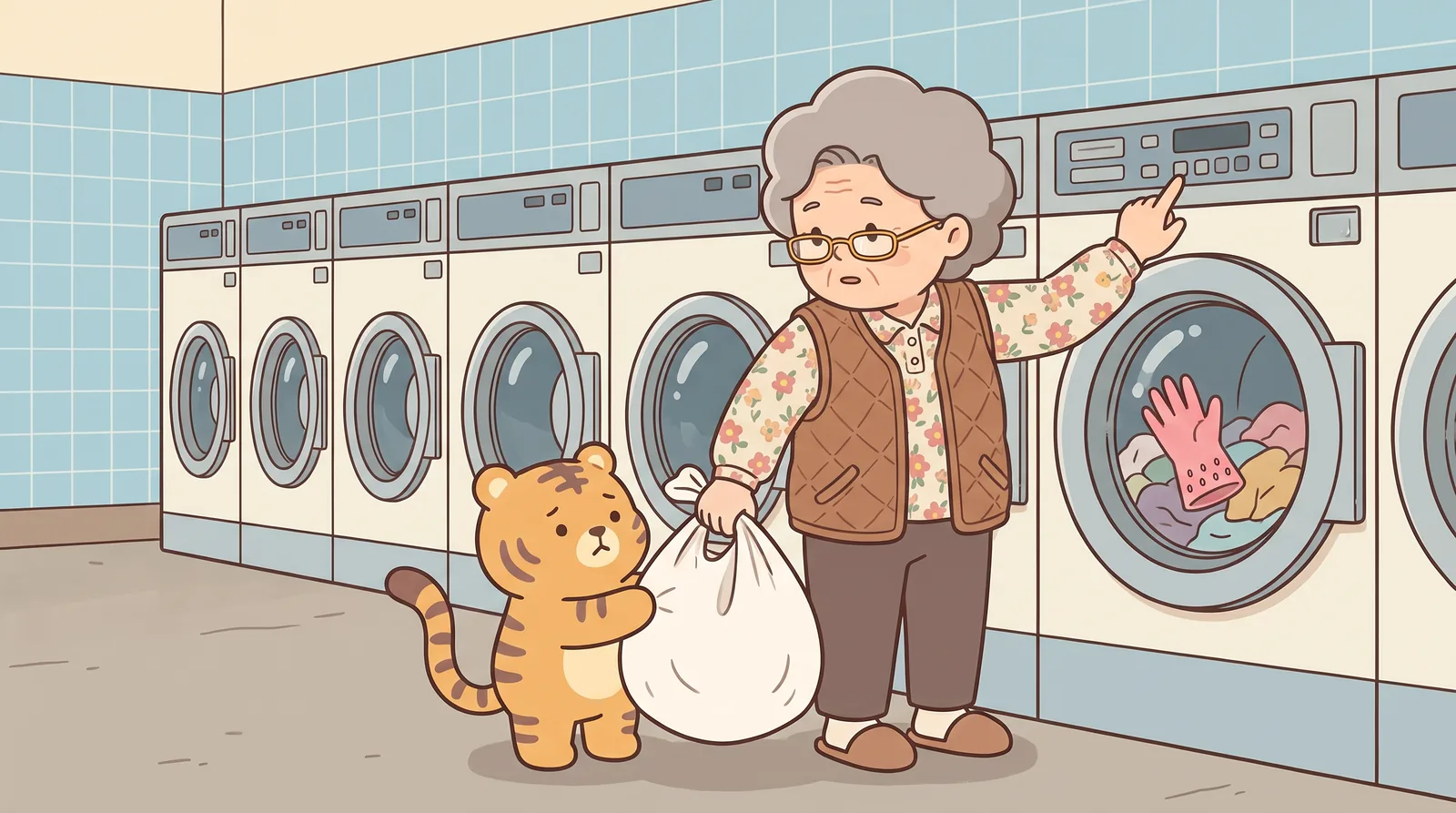 Inside the laundromat. Soon-ja, wearing the glasses, takes the laundry bag out of Hoya's paws with one hand and jabs the buttons of a big front-loading washer with the other, not looking at him.