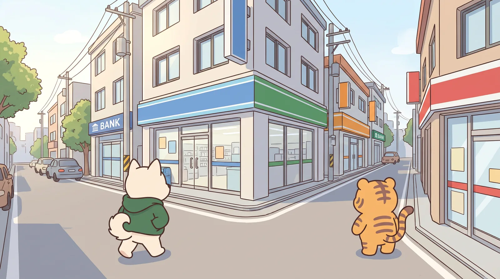 A street corner in Mangwon-dong, late morning. Bori (hood down, hands in hoodie pocket) and Hoya stand at the corner, seen from behind.