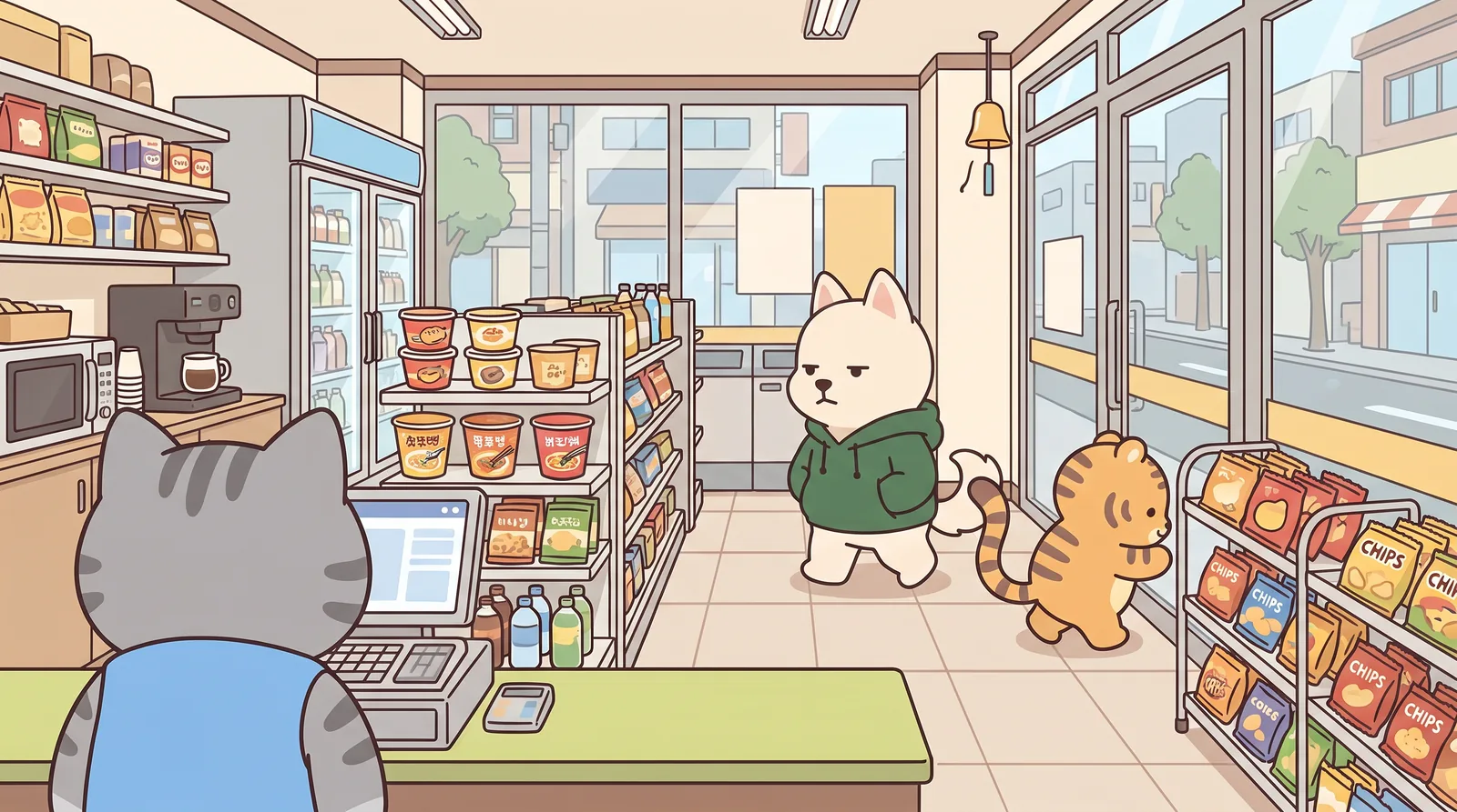 Inside a small convenience store, shot from behind the counter over Nabi's shoulder toward the door.