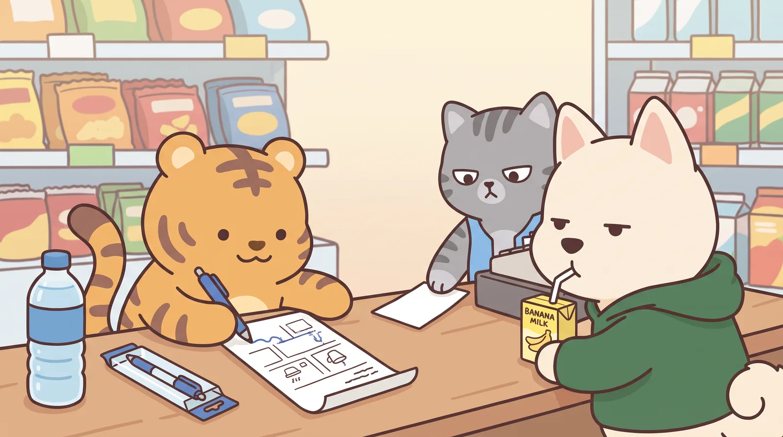 Close at the counter. Hoya has bought a bottle of water and a ballpoint pen; he has turned the long receipt over and is drawing the receipt map with the new pen.