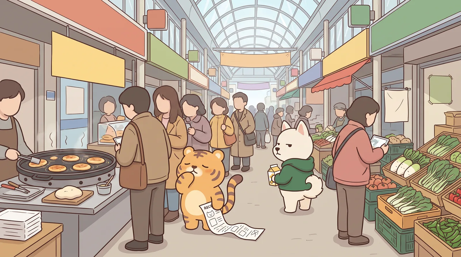 Mangwon Market's covered arcade — crowded lanes, vegetable and fried-food stalls under a translucent roof.