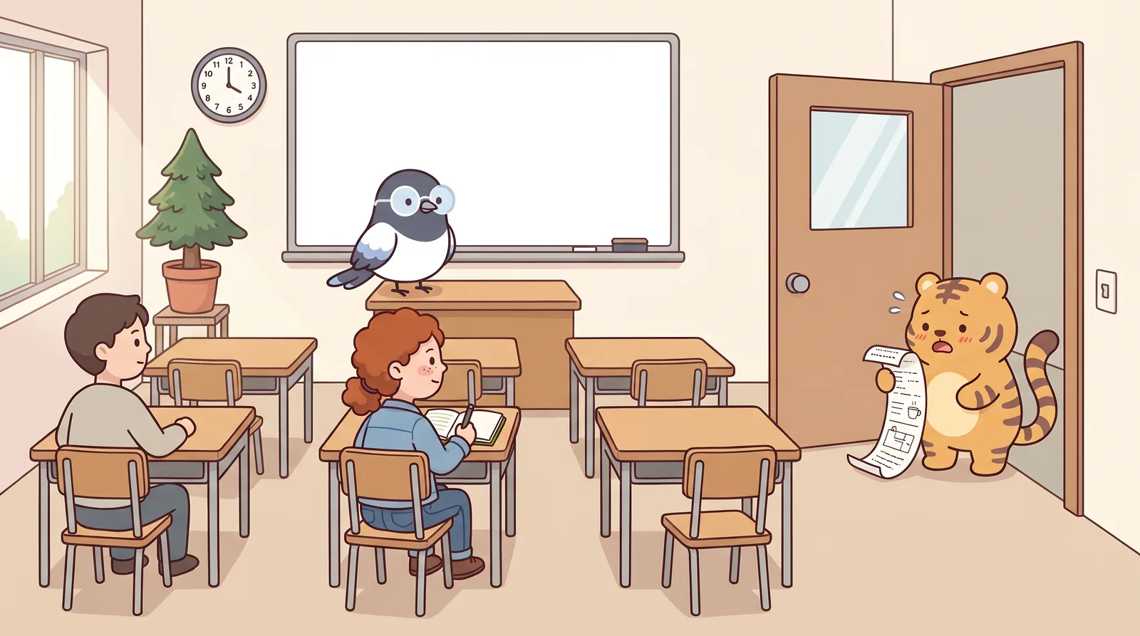 A small classroom — blank whiteboard, six desks, a wall clock, a potted pine on a stand by the window.