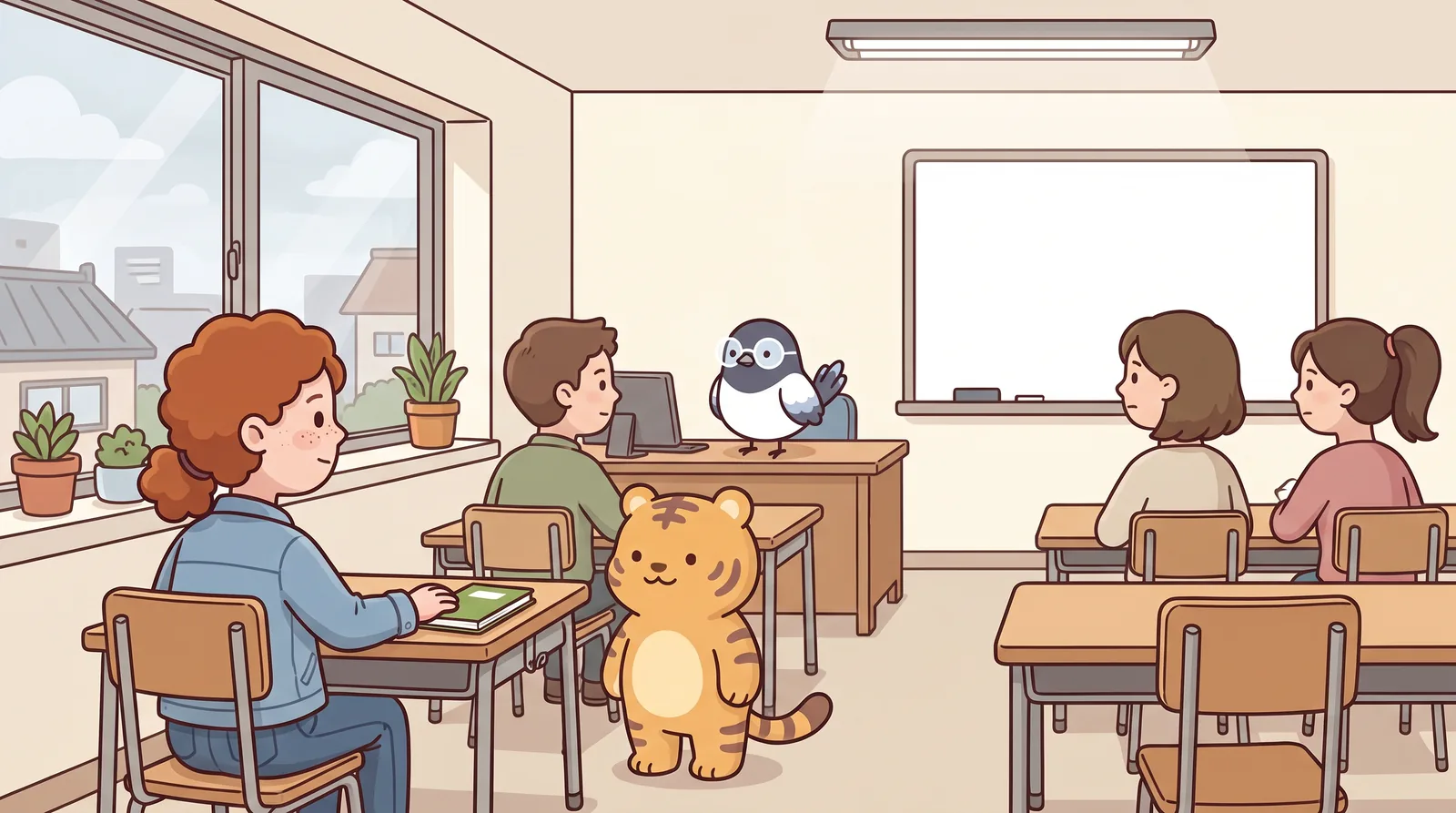 Side view across the room, Anna in the foreground — she has moved her notebook exactly two centimetres away from Hoya's desk.