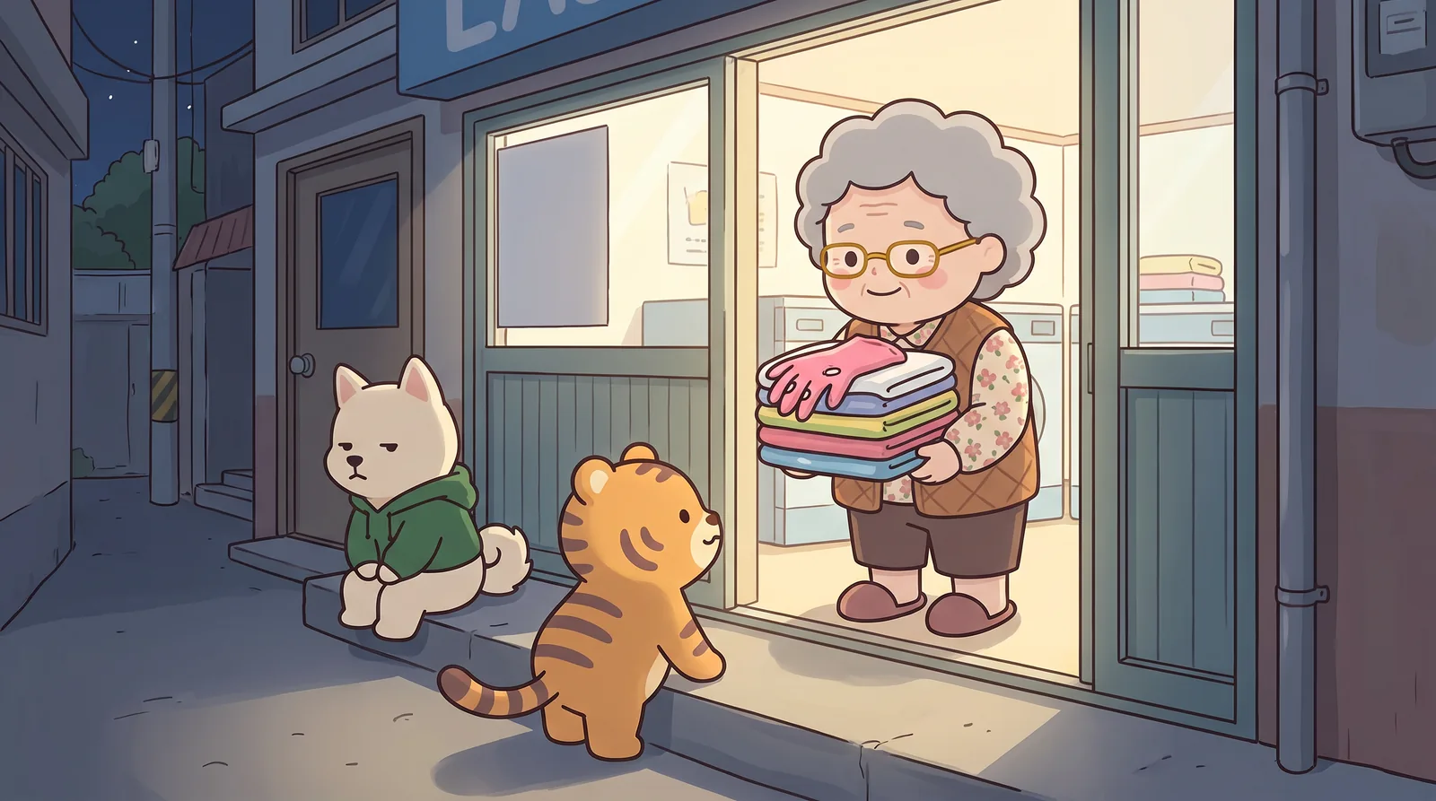 Same step, slightly wider. The laundromat door is open; Soon-ja, in the glasses, stands in the doorway holding a neat pile of Hoya's folded laundry, the pink gloves — washed, holes and all — folded on top.