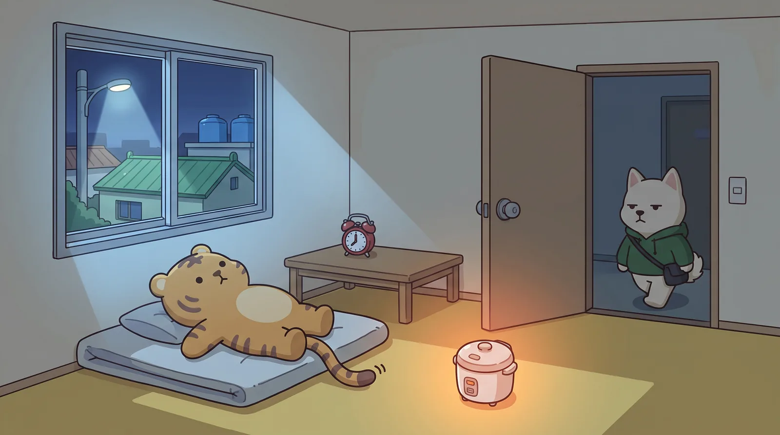 Night, Room 302. Lamp off, street light through the window.