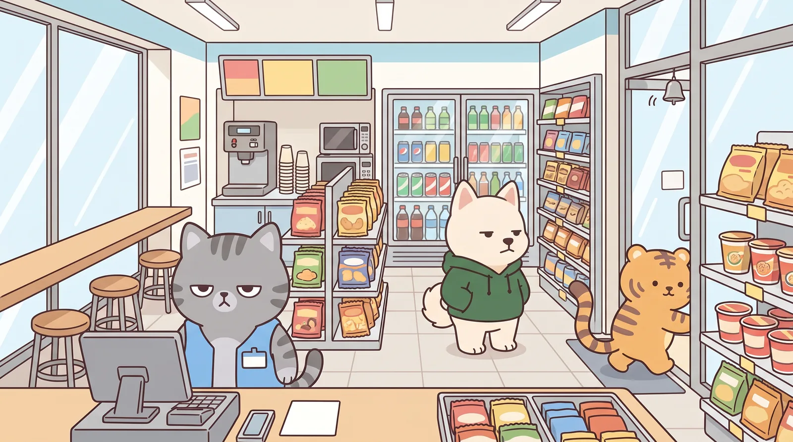Night, inside the store, shot from behind the till over Nabi's shoulder. Nabi stands upright behind the till, half-closed eyes.