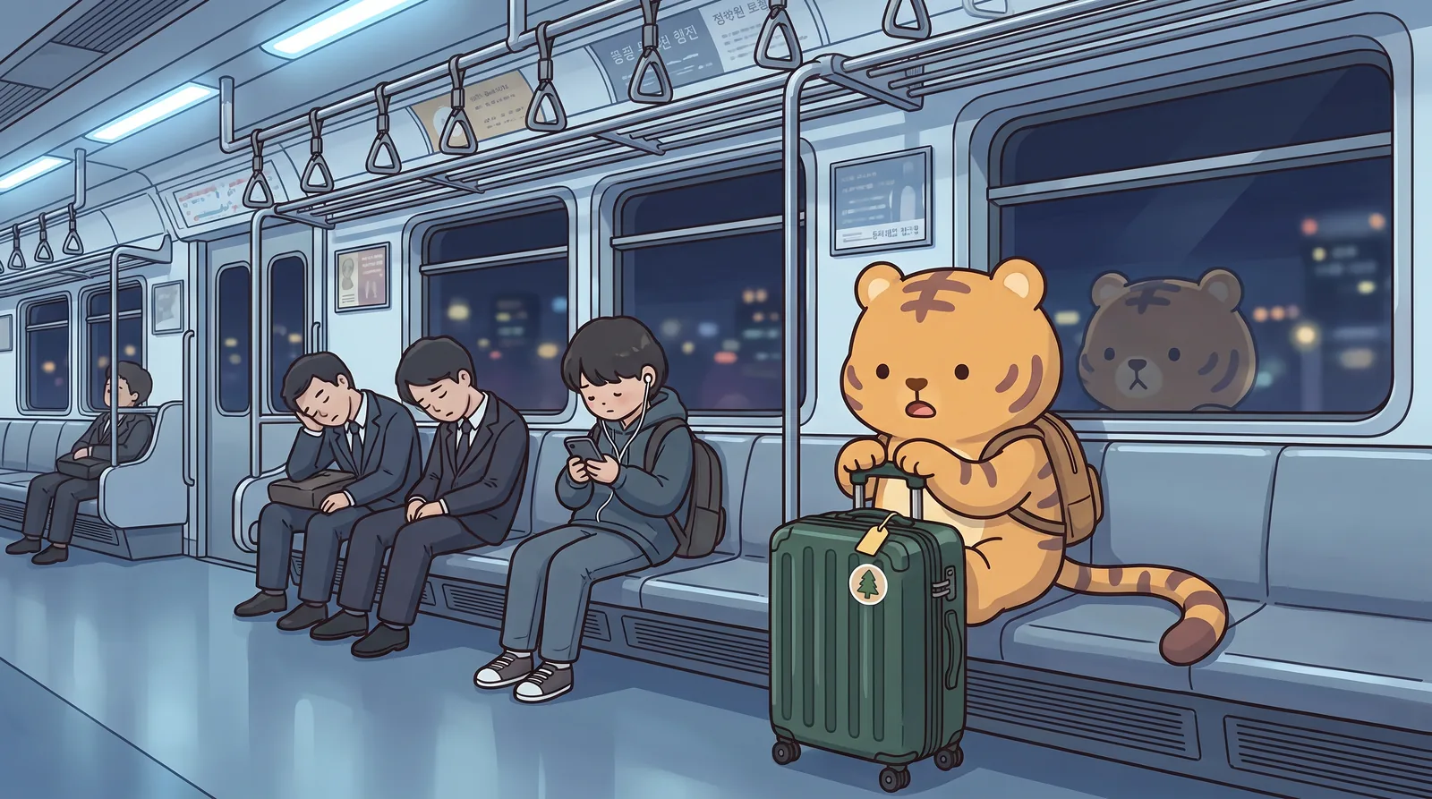 Night, inside a Seoul subway car, blue-white light. Five passengers on the long bench — three office workers asleep in suits, one student with earphones, and Hoya at the end.