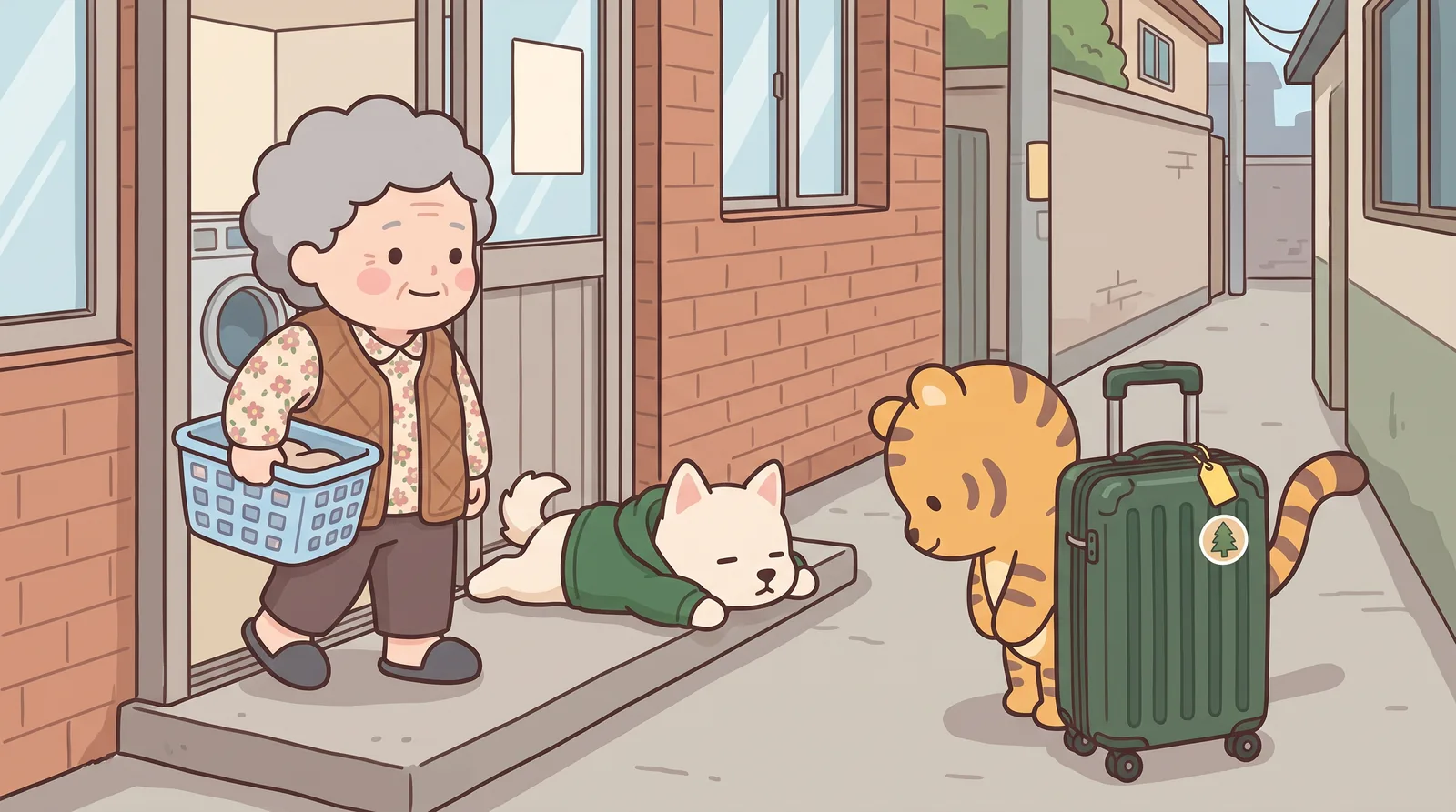 Same alley, closer. Soon-ja steps out of the laundromat door, light-blue plastic laundry basket on her hip — grey permed hair, floral blouse, brown quilted vest, slippers, adult proportions.