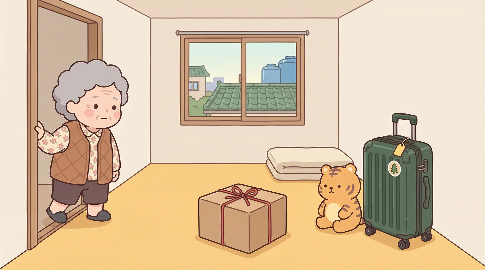 Room 302: small single room, warm-yellow vinyl floor, bare walls, one window over green rooftops and blue water tanks.