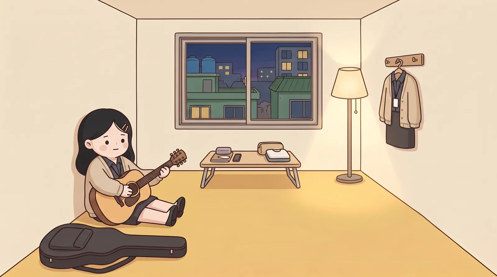 Night, room 303. sujin sits on the yellow floor with her back against the wall that touches 302, the guitar across her knees, company ID still on its lanyard.