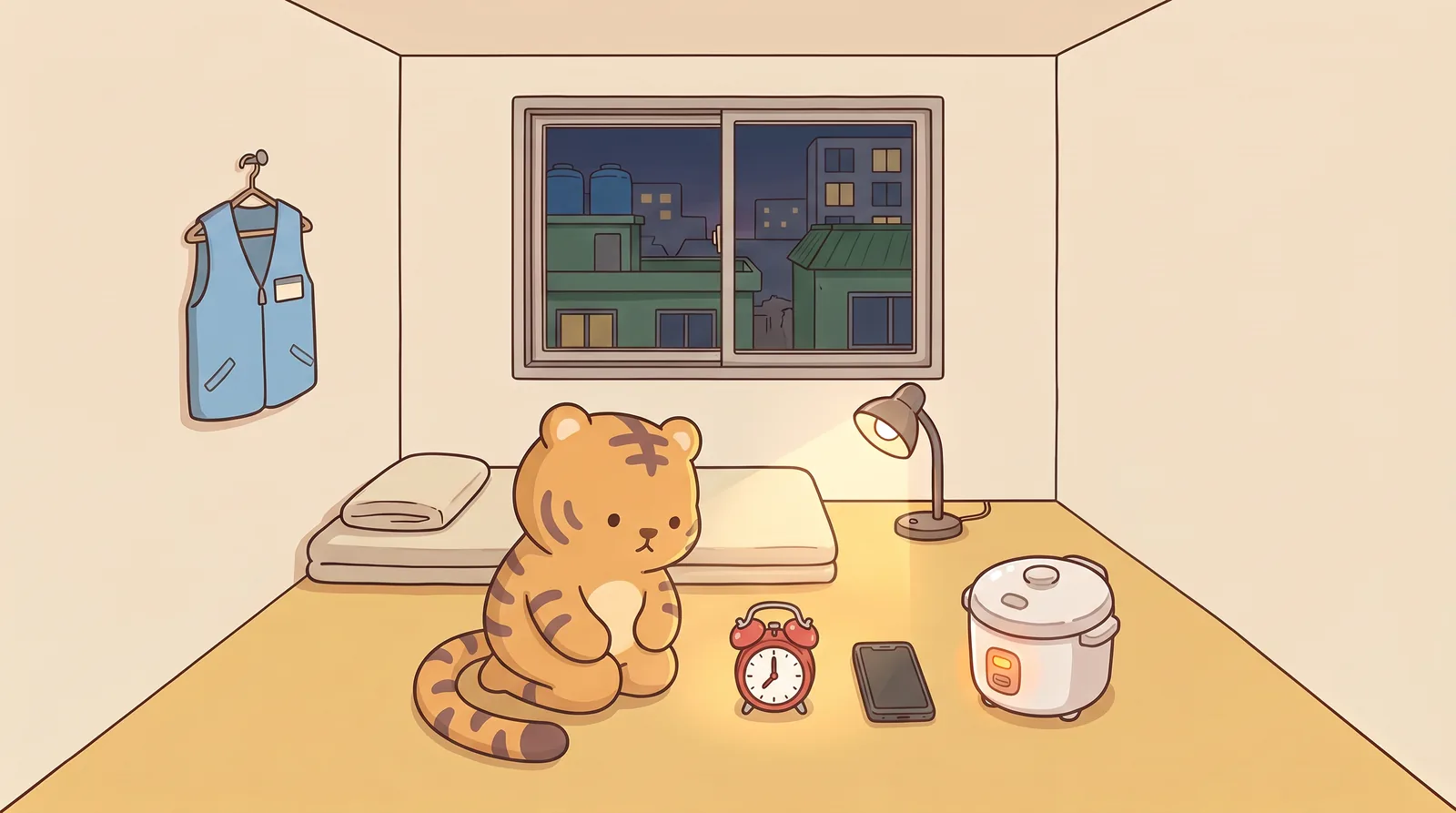 Late night, Room 302, warm-yellow vinyl floor, lamp on. Hoya kneels on the mattress in front of a neat row of three things lined up on the floor like soldiers — the alarm clock, his phone, the rice cooker.