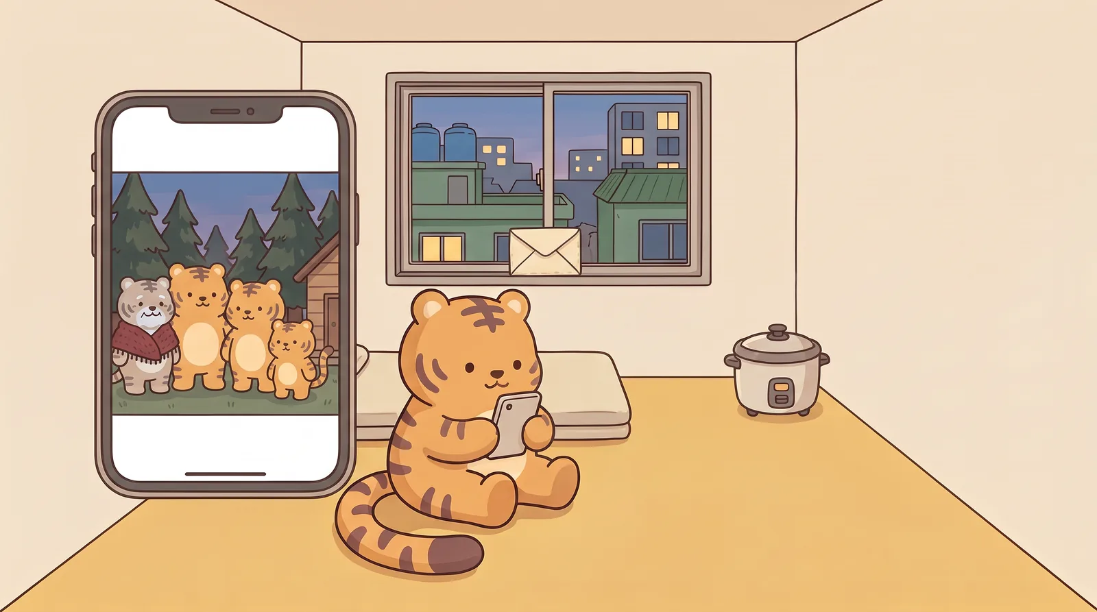 Evening, Room 302, warm-yellow vinyl floor. Hoya sits on the floor holding the phone in both paws; the family photo fills its screen, seen over his shoulder: five tigers in a row in front of pine trees, with a one-tiger gap between the sister and the little brother.