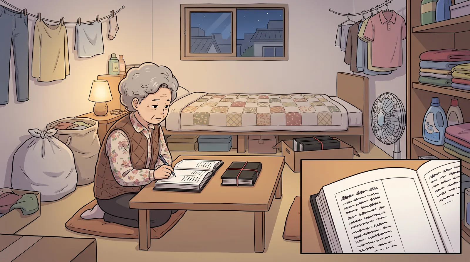 Soon-ja's small back room behind the laundromat, early evening. She sits on the floor at a low table with the ledger open, ballpoint pen in hand.