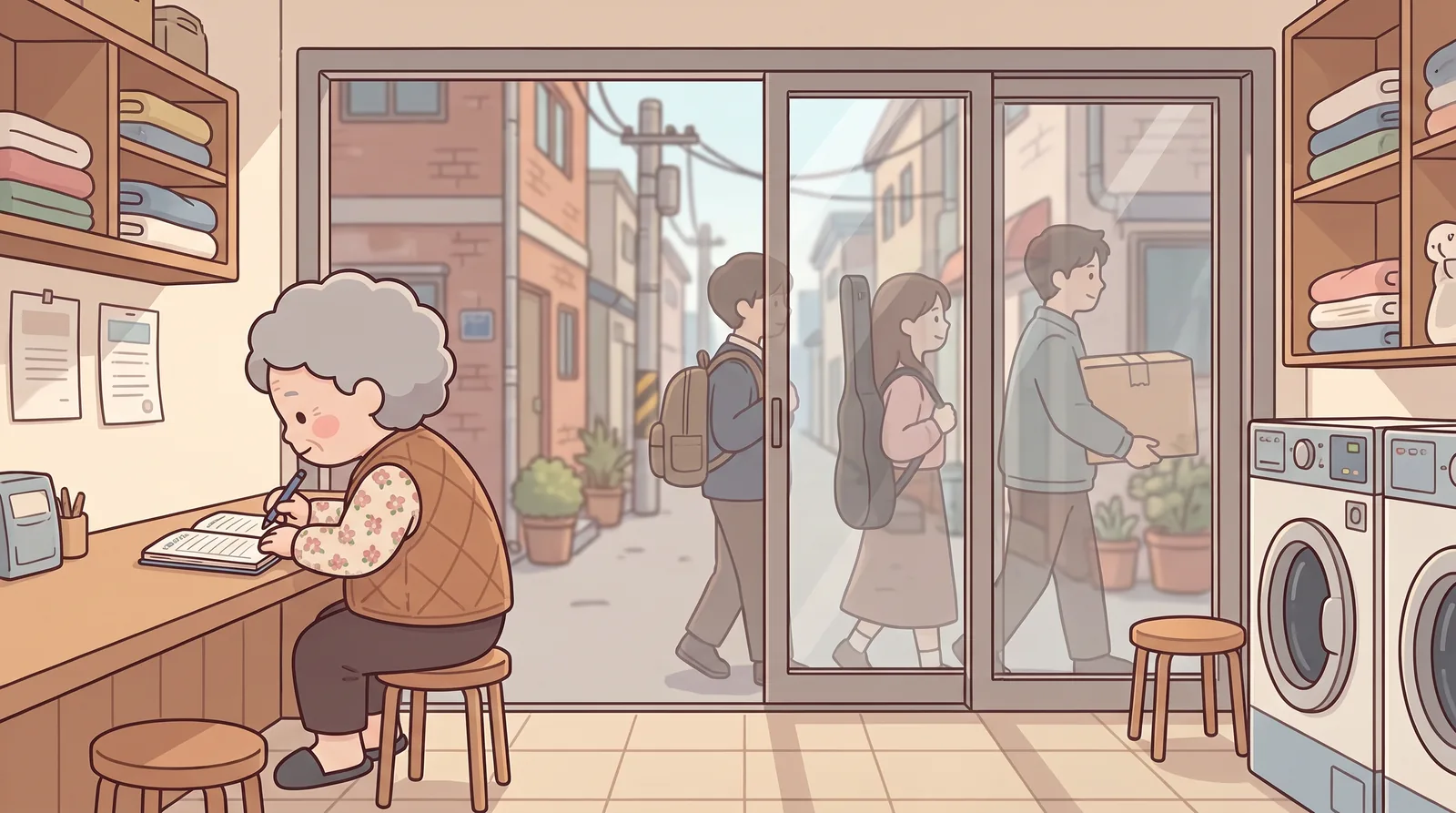 The laundromat door from inside, looking out at the alley. A blur of different tenants over the years, drawn as faint overlapping silhouettes at the door — a student with a backpack, a woman with a guitar case, a man with a box.