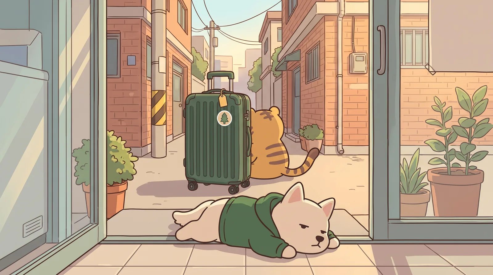 Late afternoon, the alley, seen from the laundromat doorway at Soon-ja's eye level. Bori lies across the doorstep in his green hoodie.