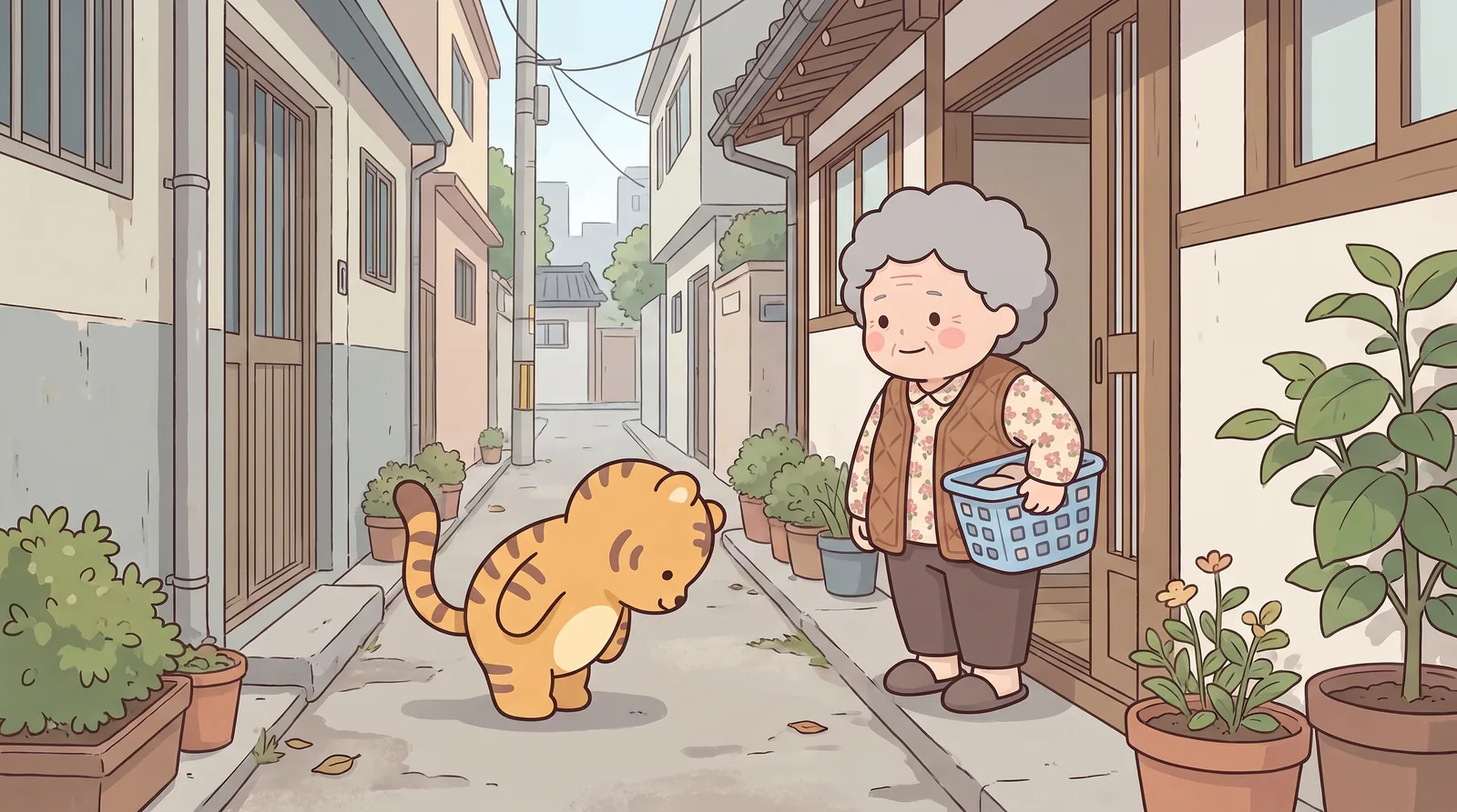 The alley. The tiger (Hoya) has stood up and bows, lower than young people bother to these days.