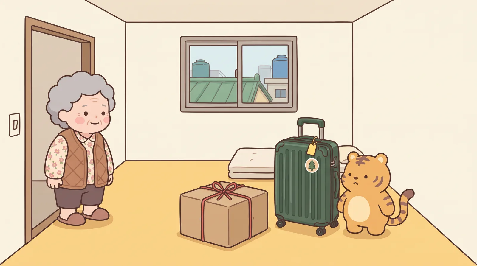 Room 302, Soon-ja in the doorway looking at the cardboard box tied with red plastic string in the middle of the floor, not at the tiger.