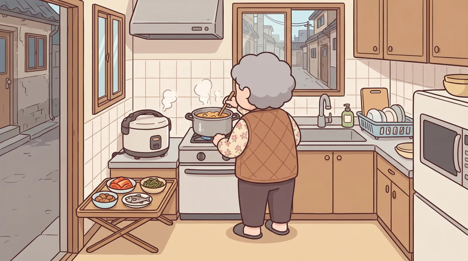 The small kitchen behind the laundromat. Soon-ja at the stove, rice cooker steaming, a pot of soybean-paste soup, three small side dishes on a folding tray.