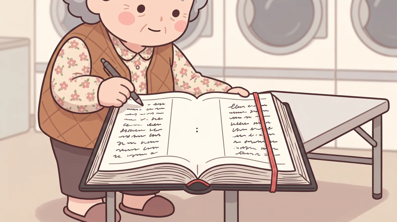 Back at the counter. Soon-ja opens the ledger; her pen hovers over the empty middle column beside 호야이.