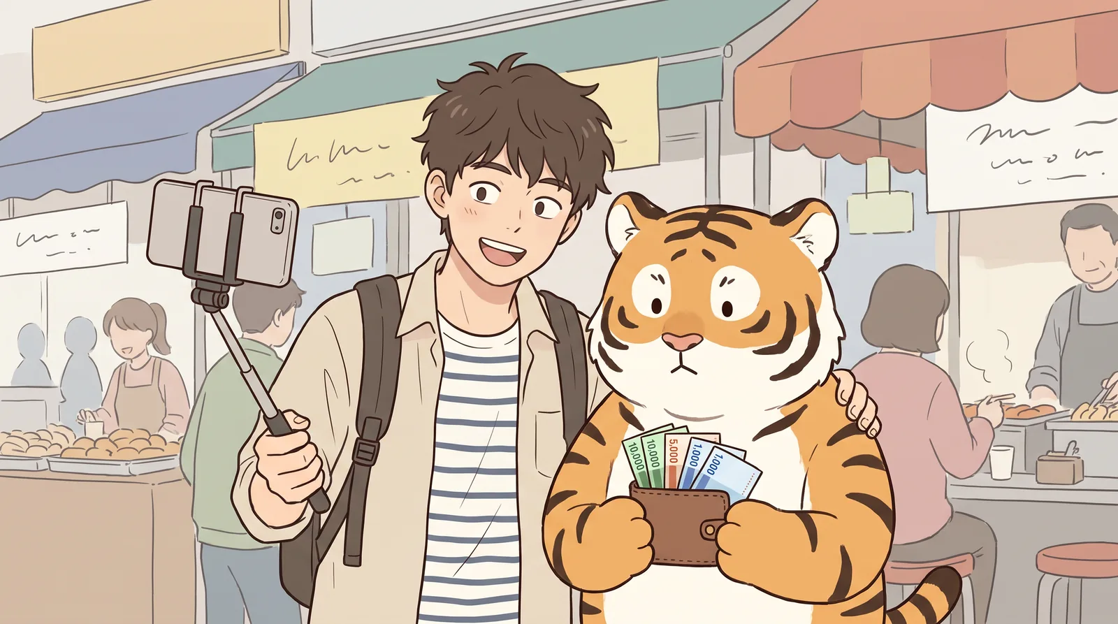 Late afternoon, a lane at the edge of Mangwon Market. junho walks backwards, talking into the phone ON A stick held up in front of him, grinning.